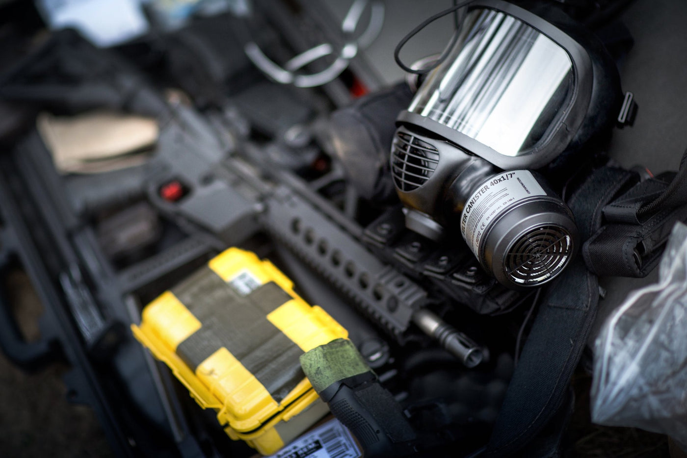 Police equipment showcasing the CM-6M tactical gas mask